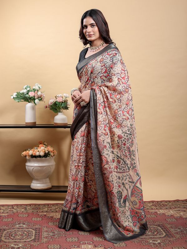 Printed Linen Cotton Saree in Beige with Metallic Grey Edge