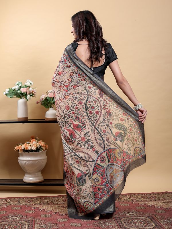 Printed Linen Cotton Saree in Beige with Metallic Grey Edge