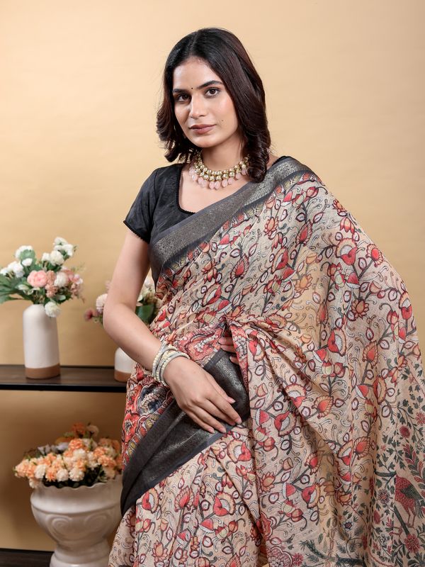 Printed Linen Cotton Saree in Beige with Metallic Grey Edge