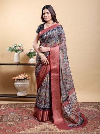 Charcoal Floral Linen Cotton Saree with Maroon Woven Border