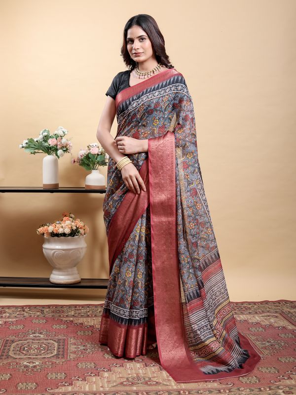 Charcoal Floral Linen Cotton Saree with Maroon Woven Border