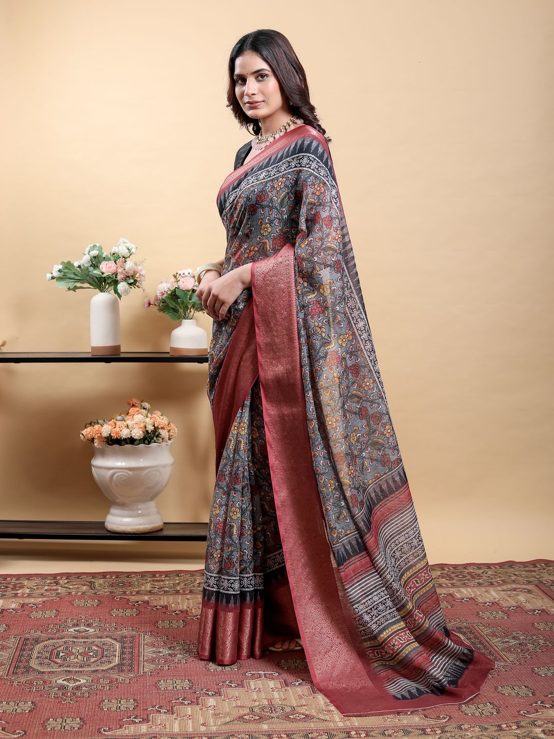 Charcoal Floral Linen Cotton Saree with Maroon Woven Border