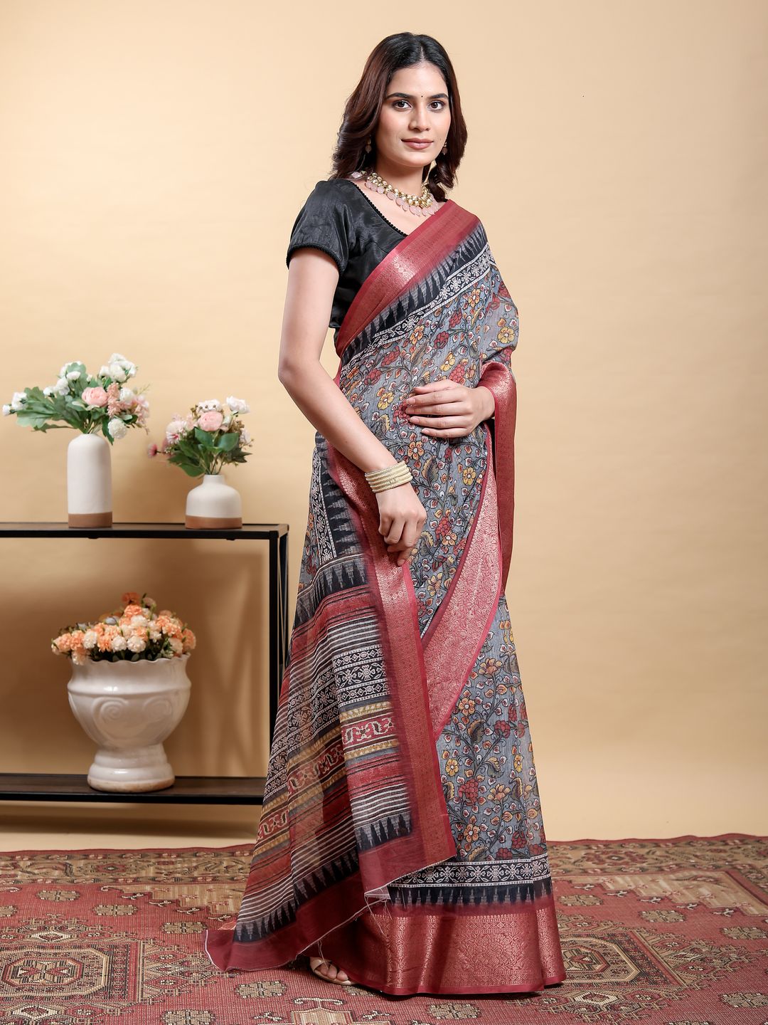 Charcoal Floral Linen Cotton Saree with Maroon Woven Border