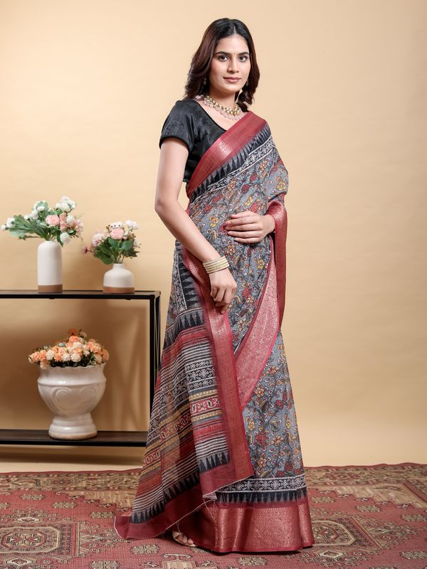Charcoal Floral Linen Cotton Saree with Maroon Woven Border