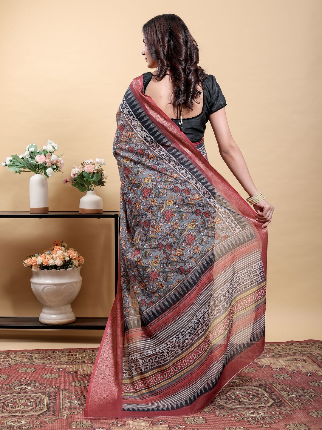 Charcoal Floral Linen Cotton Saree with Maroon Woven Border