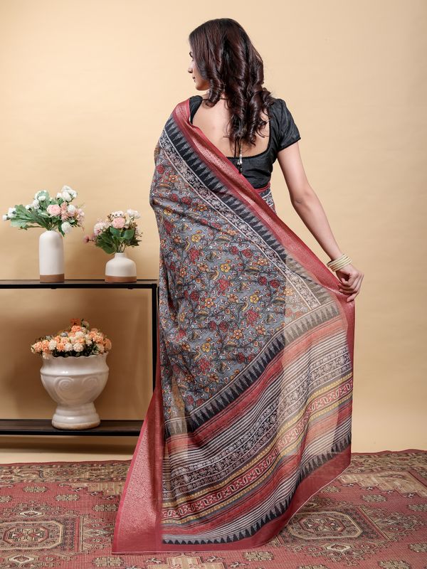 Charcoal Floral Linen Cotton Saree with Maroon Woven Border