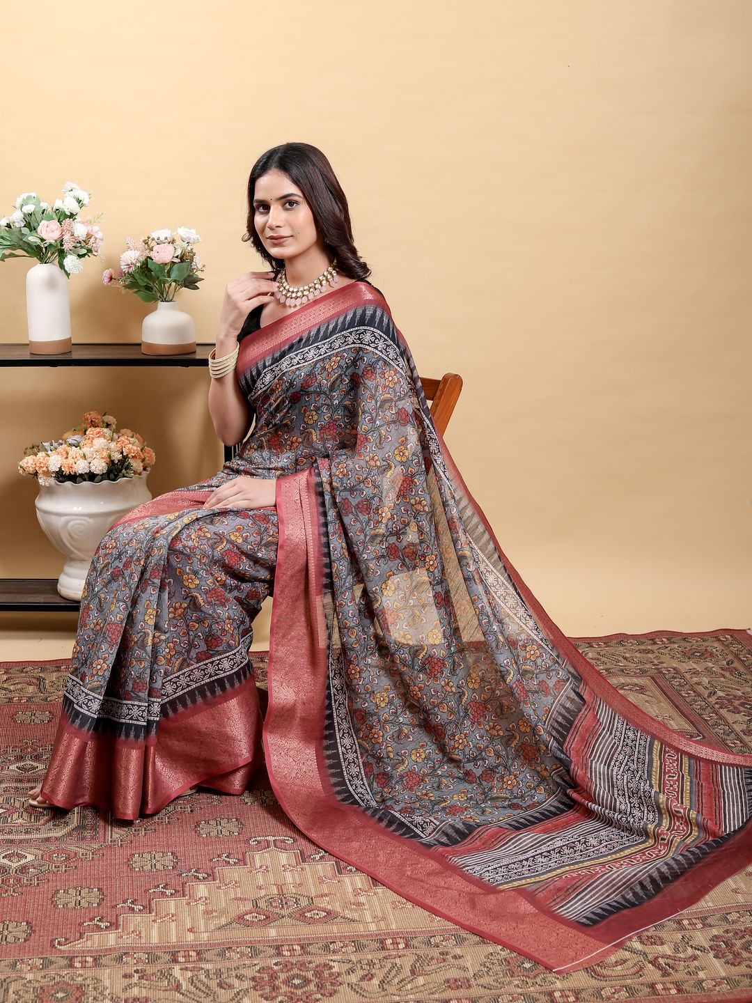 Charcoal Floral Linen Cotton Saree with Maroon Woven Border