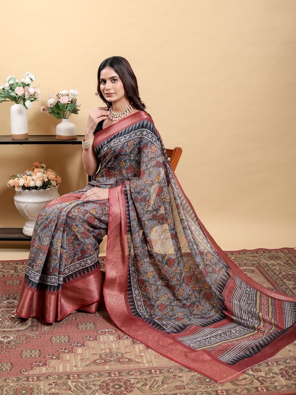 Charcoal Floral Linen Cotton Saree with Maroon Woven Border