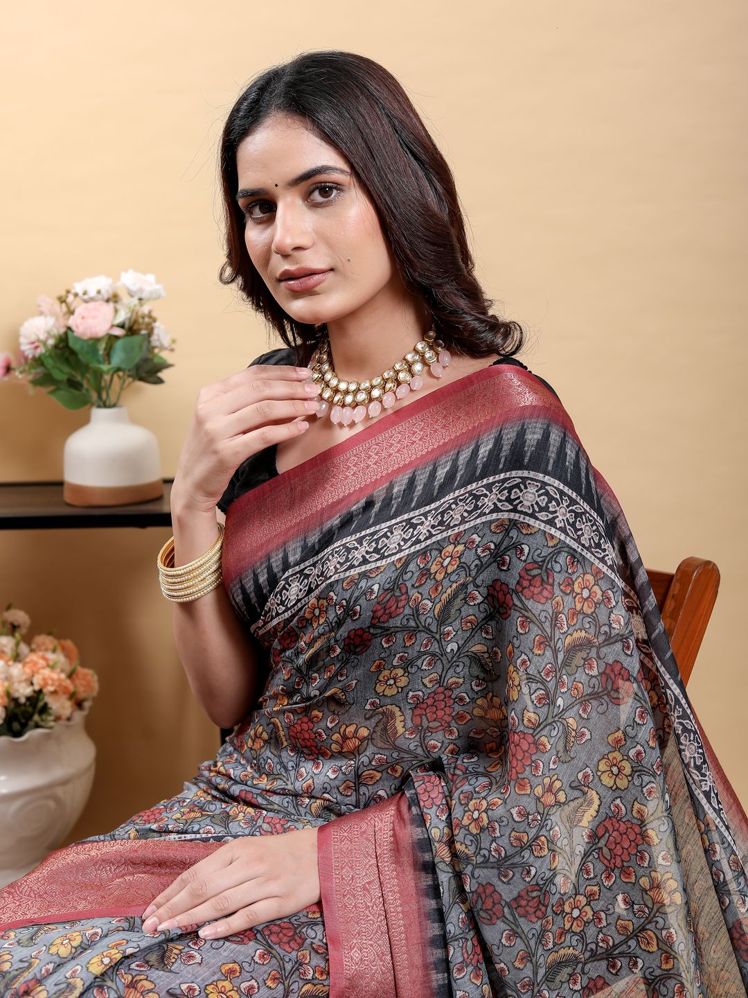 Charcoal Floral Linen Cotton Saree with Maroon Woven Border