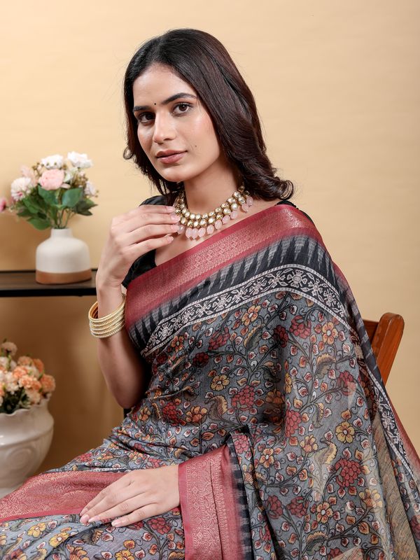 Charcoal Floral Linen Cotton Saree with Maroon Woven Border