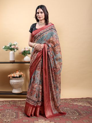 Blue Grey Linen Cotton Printed Saree with Maroon Woven Edge