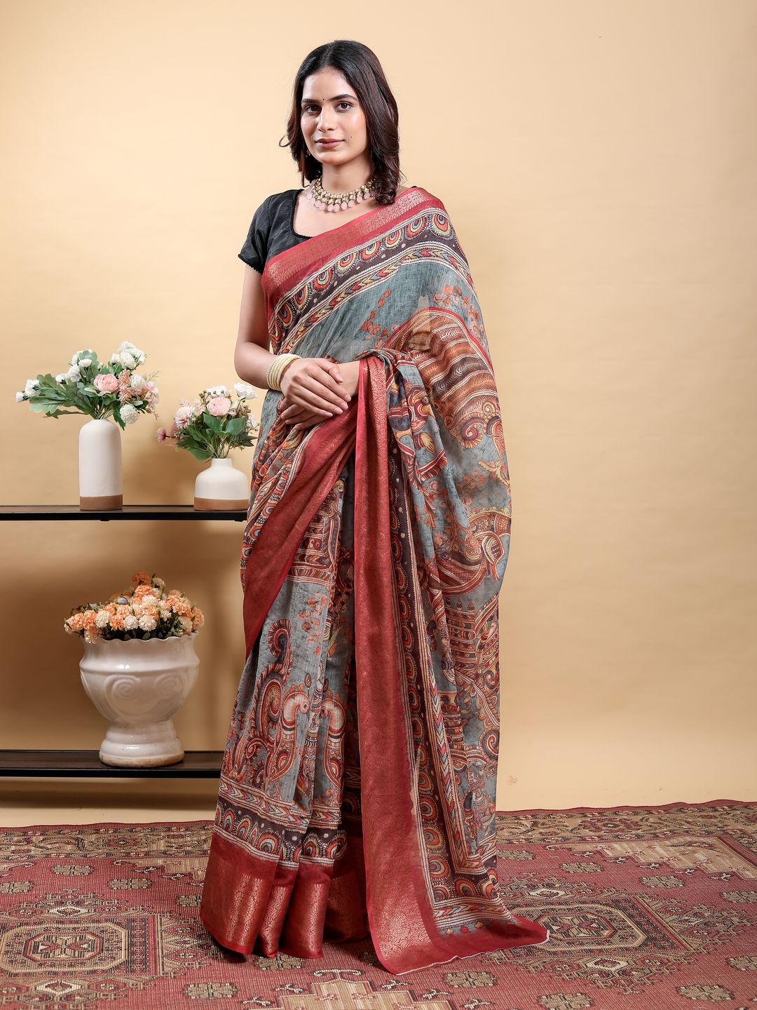 Blue Grey Linen Cotton Printed Saree with Maroon Woven Edge