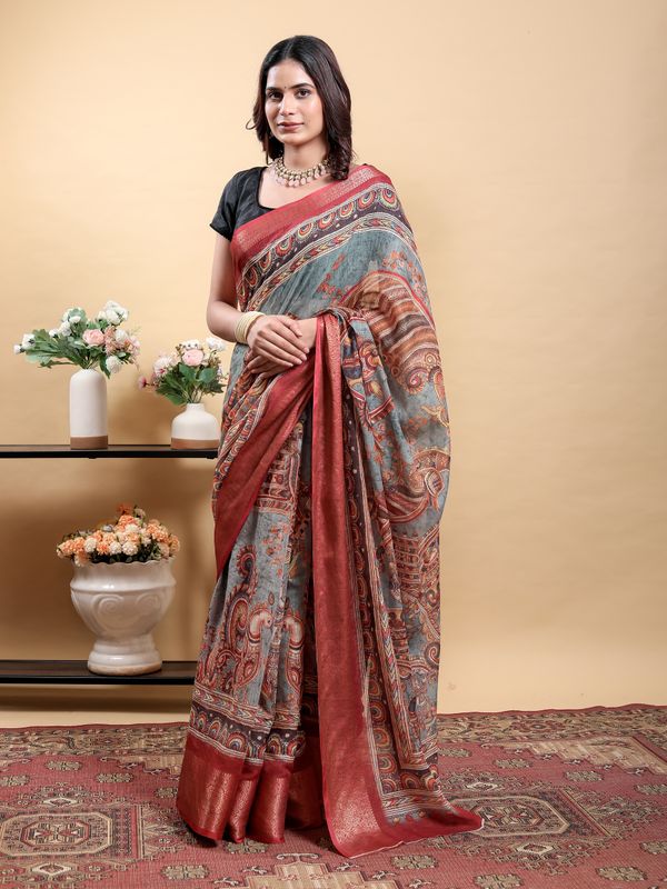 Blue Grey Linen Cotton Printed Saree with Maroon Woven Edge