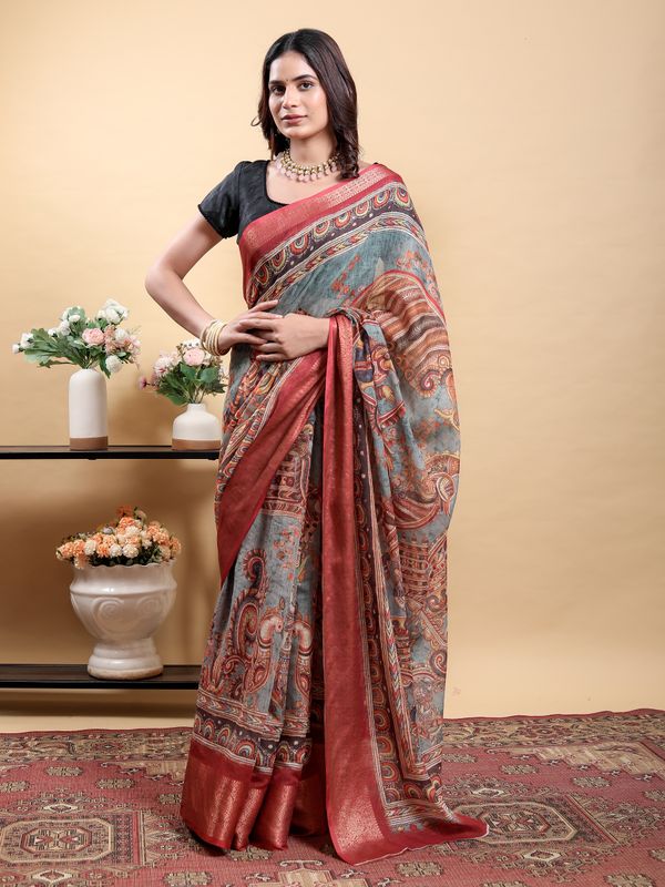 Blue Grey Linen Cotton Printed Saree with Maroon Woven Edge