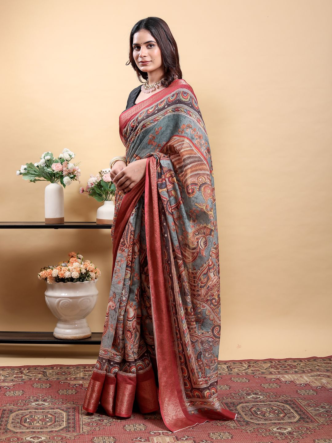 Blue Grey Linen Cotton Printed Saree with Maroon Woven Edge