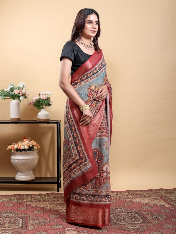 Blue Grey Linen Cotton Printed Saree with Maroon Woven Edge