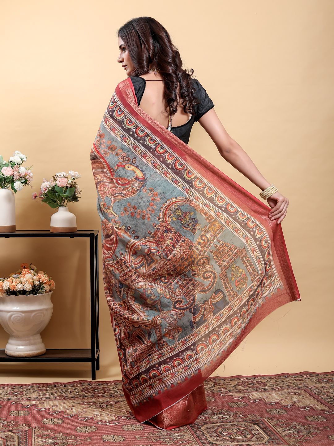 Blue Grey Linen Cotton Printed Saree with Maroon Woven Edge