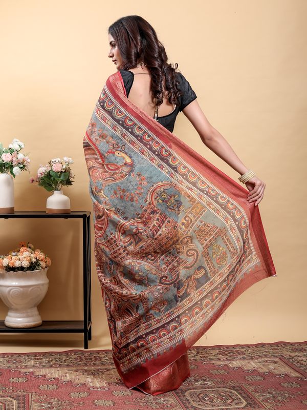 Blue Grey Linen Cotton Printed Saree with Maroon Woven Edge