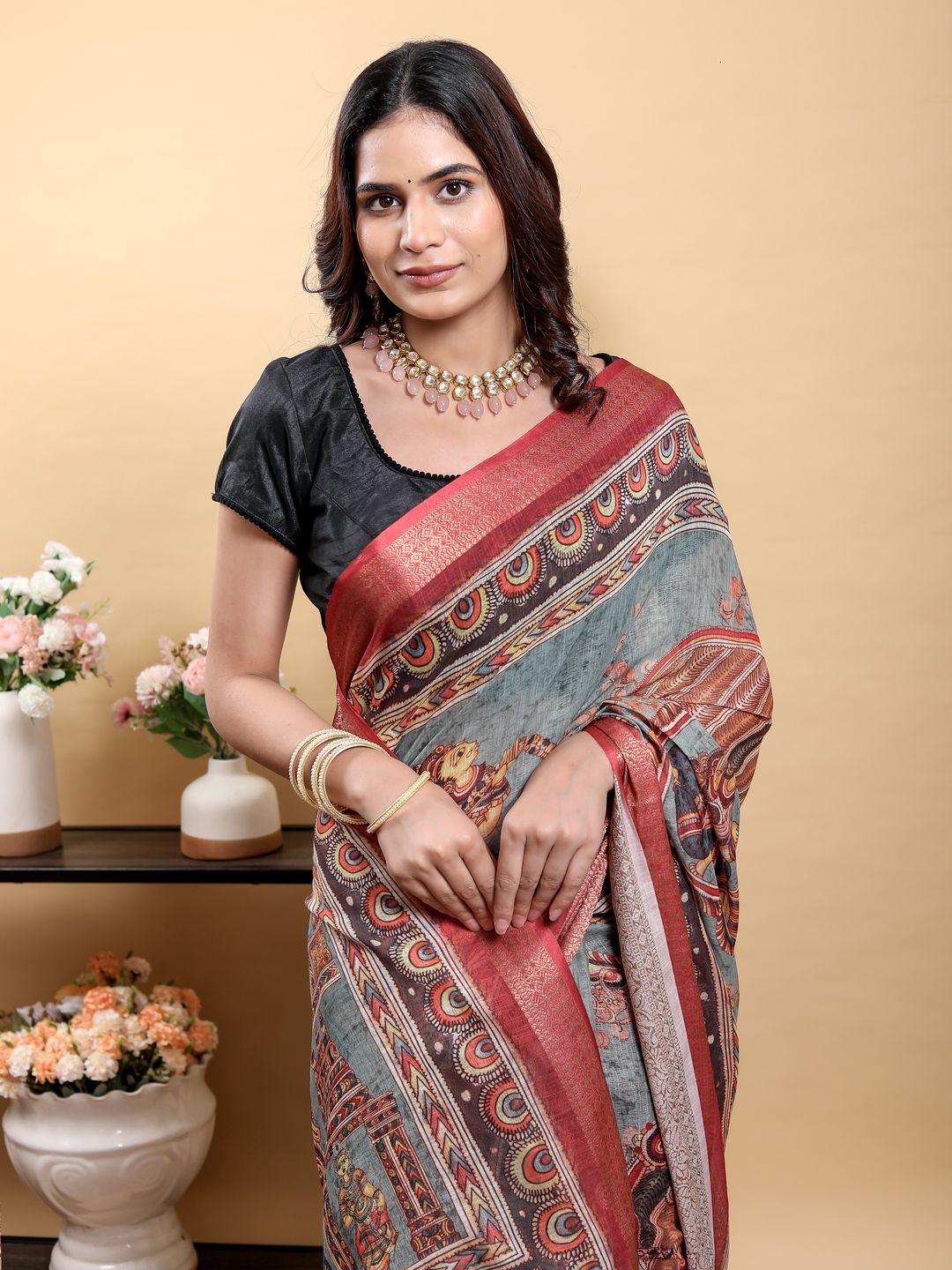 Blue Grey Linen Cotton Printed Saree with Maroon Woven Edge