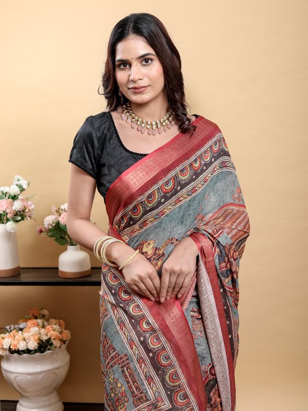 Blue Grey Linen Cotton Printed Saree with Maroon Woven Edge