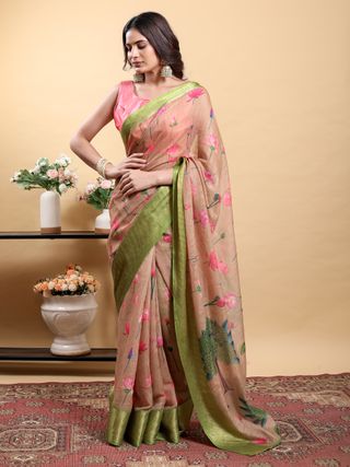 Peach Floral Linen Cotton Saree with Green Jacquard Borders