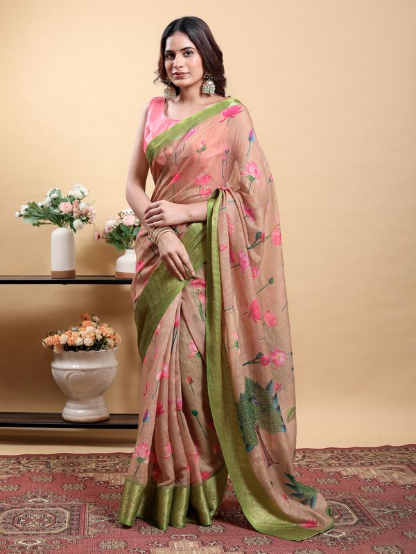 Peach Floral Linen Cotton Saree with Green Jacquard Borders