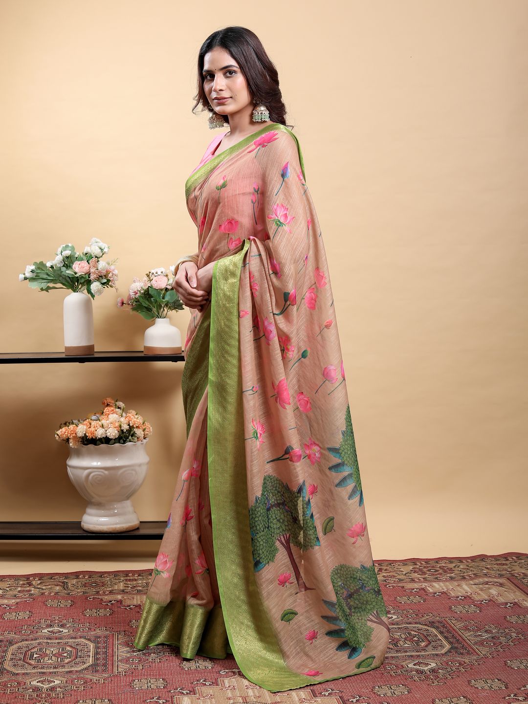 Peach Floral Linen Cotton Saree with Green Jacquard Borders