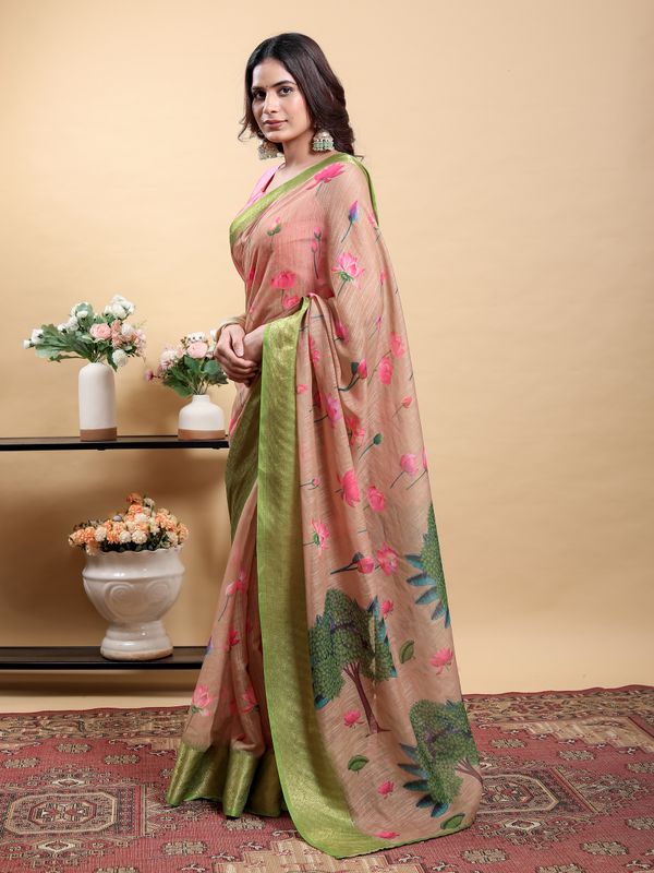 Peach Floral Linen Cotton Saree with Green Jacquard Borders