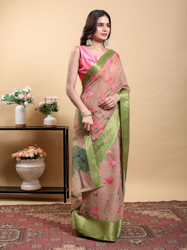Peach Floral Linen Cotton Saree with Green Jacquard Borders