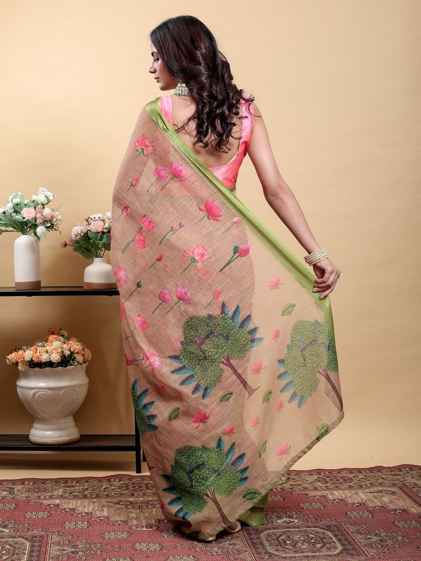 Peach Floral Linen Cotton Saree with Green Jacquard Borders