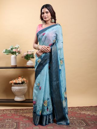 Sky Blue Floral Linen Cotton Saree with Navy Border Accents