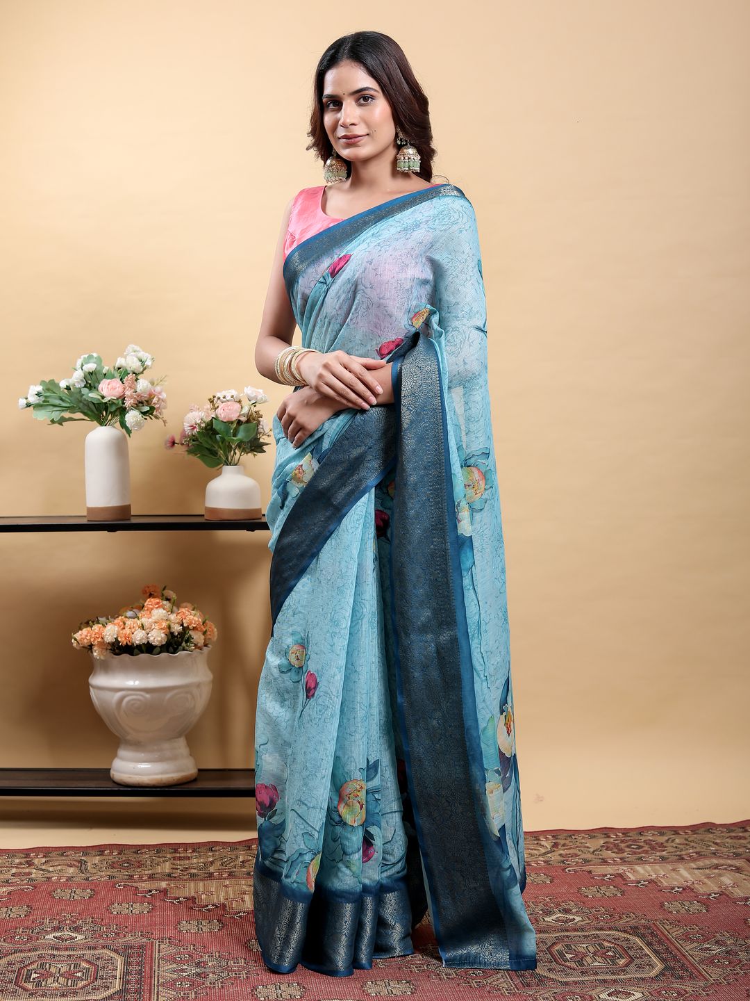 Sky Blue Floral Linen Cotton Saree with Navy Border Accents