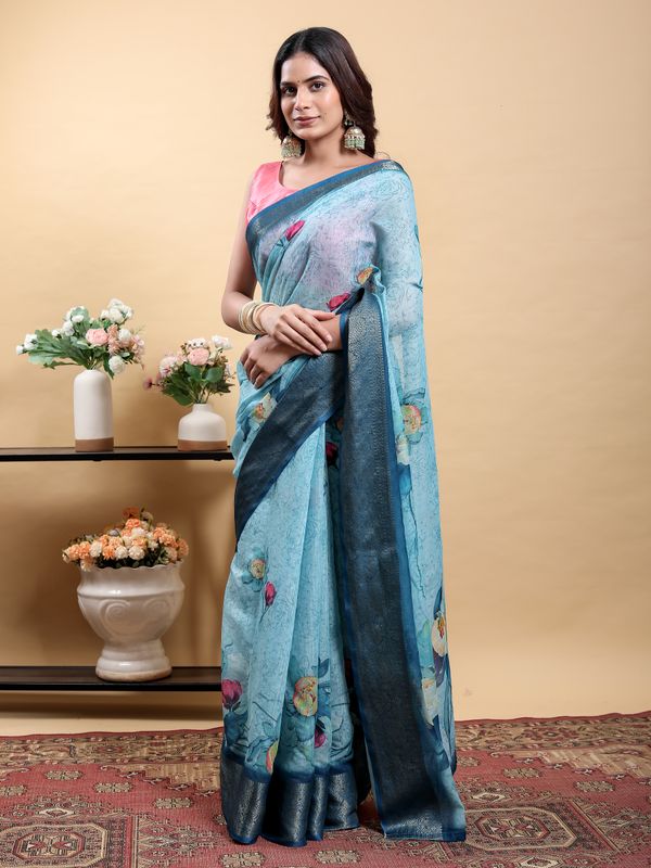 Sky Blue Floral Linen Cotton Saree with Navy Border Accents