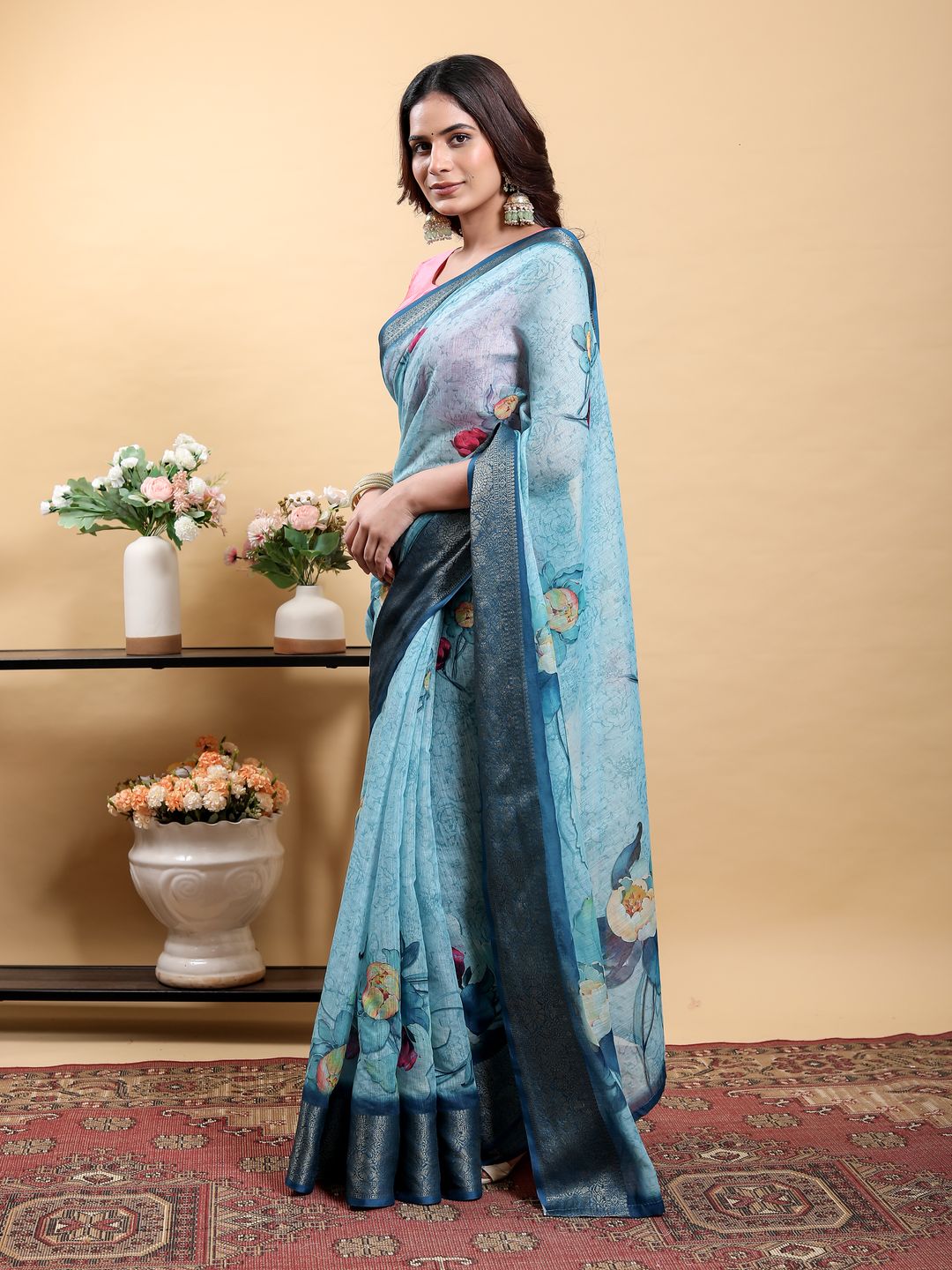 Sky Blue Floral Linen Cotton Saree with Navy Border Accents