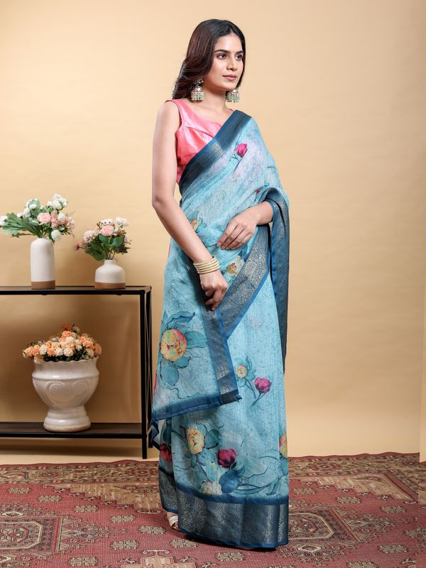 Sky Blue Floral Linen Cotton Saree with Navy Border Accents