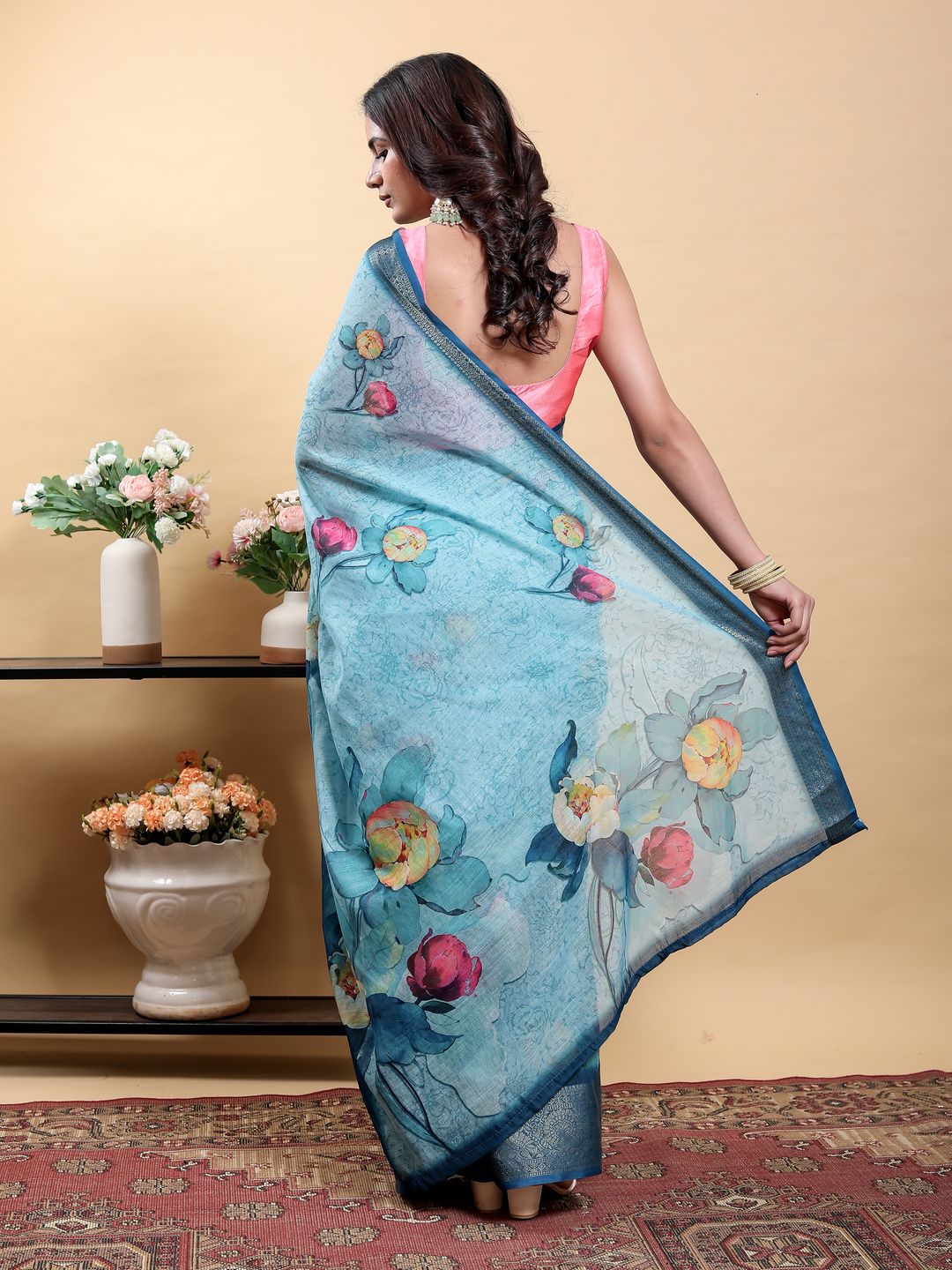 Sky Blue Floral Linen Cotton Saree with Navy Border Accents