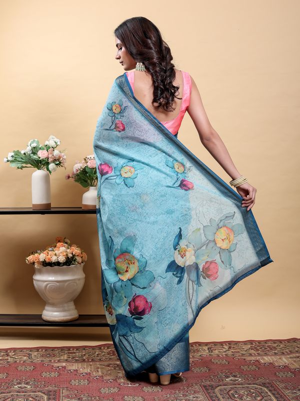 Sky Blue Floral Linen Cotton Saree with Navy Border Accents