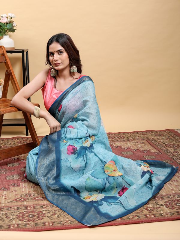 Sky Blue Floral Linen Cotton Saree with Navy Border Accents