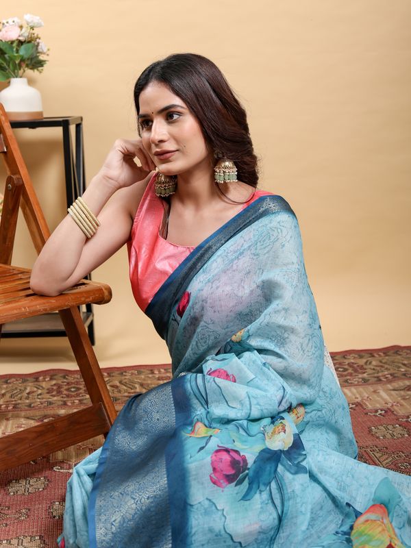 Sky Blue Floral Linen Cotton Saree with Navy Border Accents