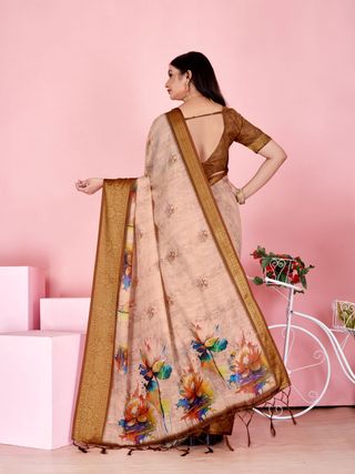 Sky Blue Floral Linen Cotton Saree with Navy Border Accents