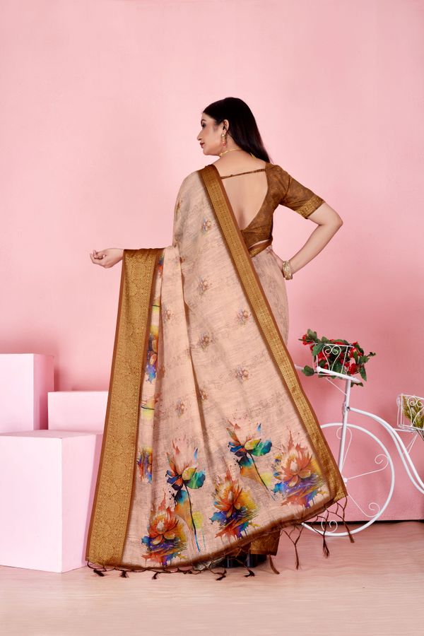 Sky Blue Floral Linen Cotton Saree with Navy Border Accents