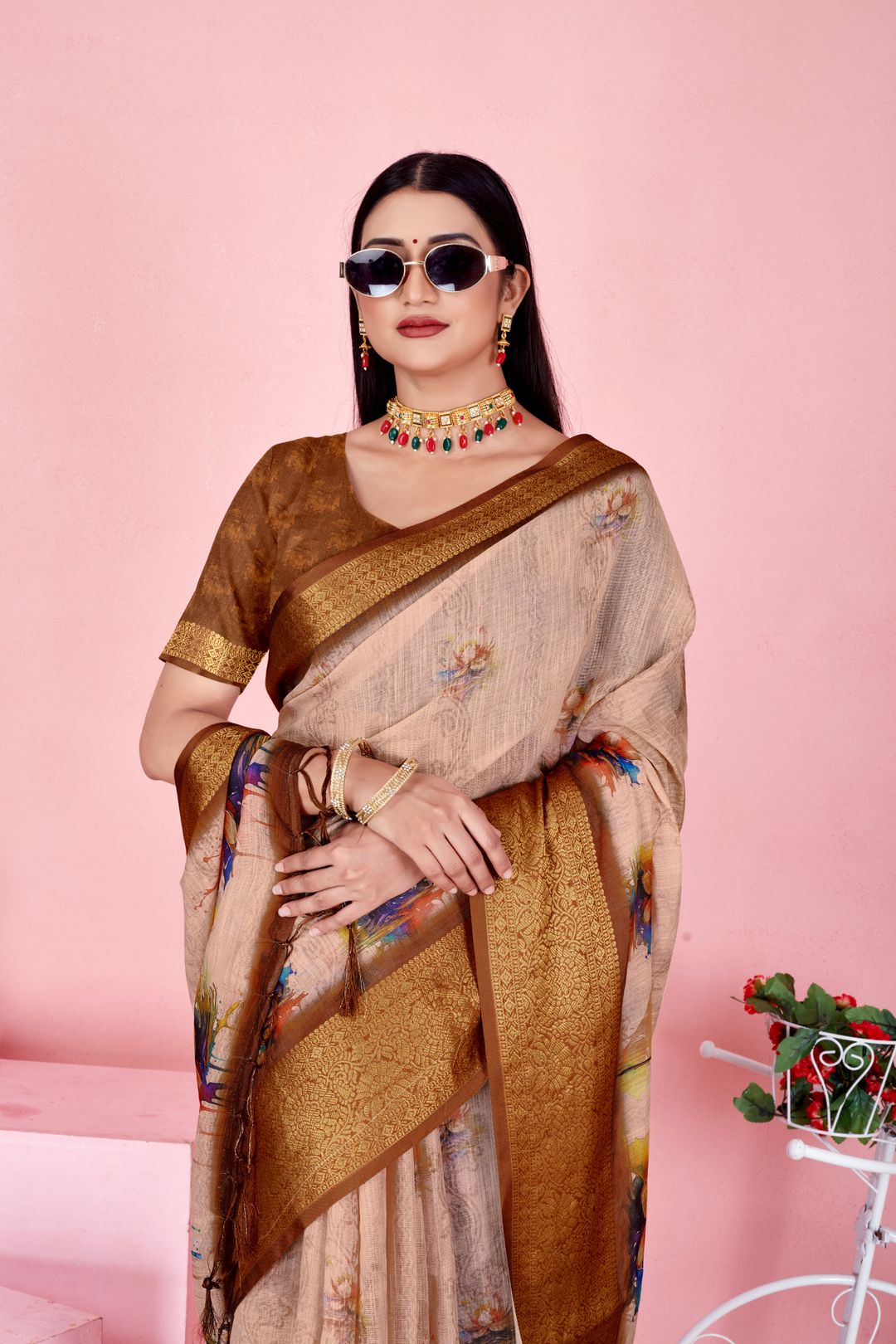 Sky Blue Floral Linen Cotton Saree with Navy Border Accents