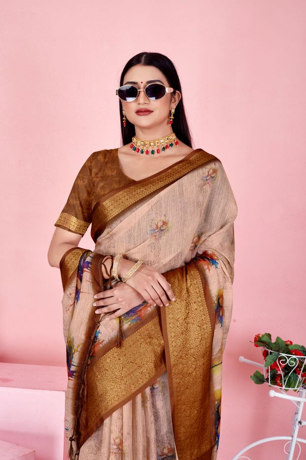 Sky Blue Floral Linen Cotton Saree with Navy Border Accents