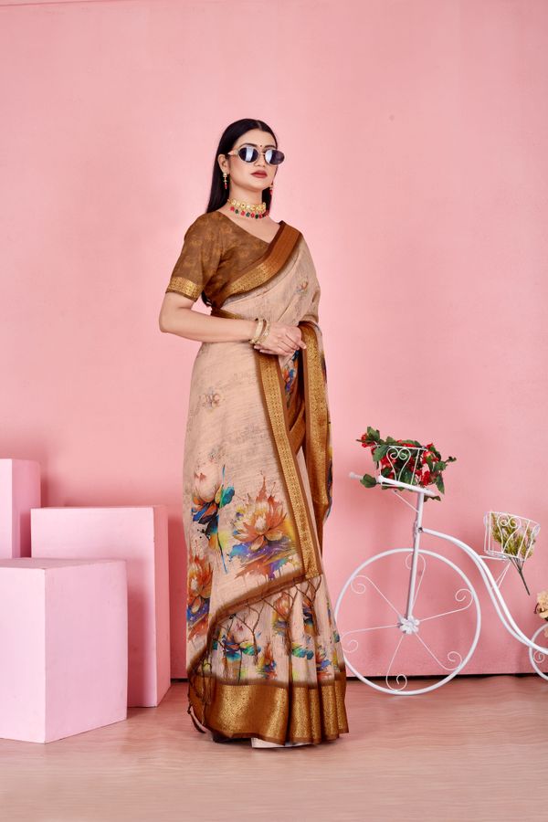 Sky Blue Floral Linen Cotton Saree with Navy Border Accents