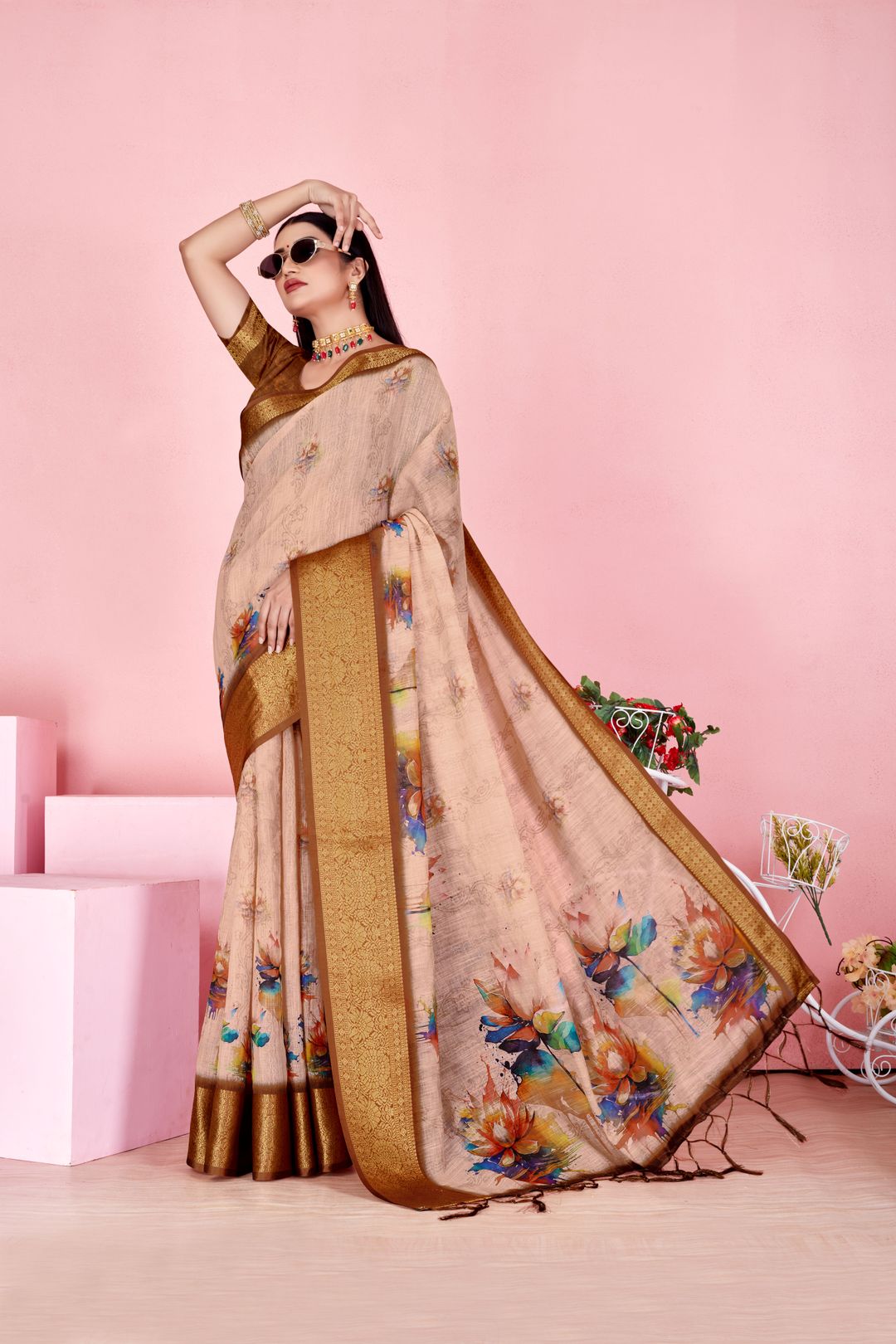 Sky Blue Floral Linen Cotton Saree with Navy Border Accents