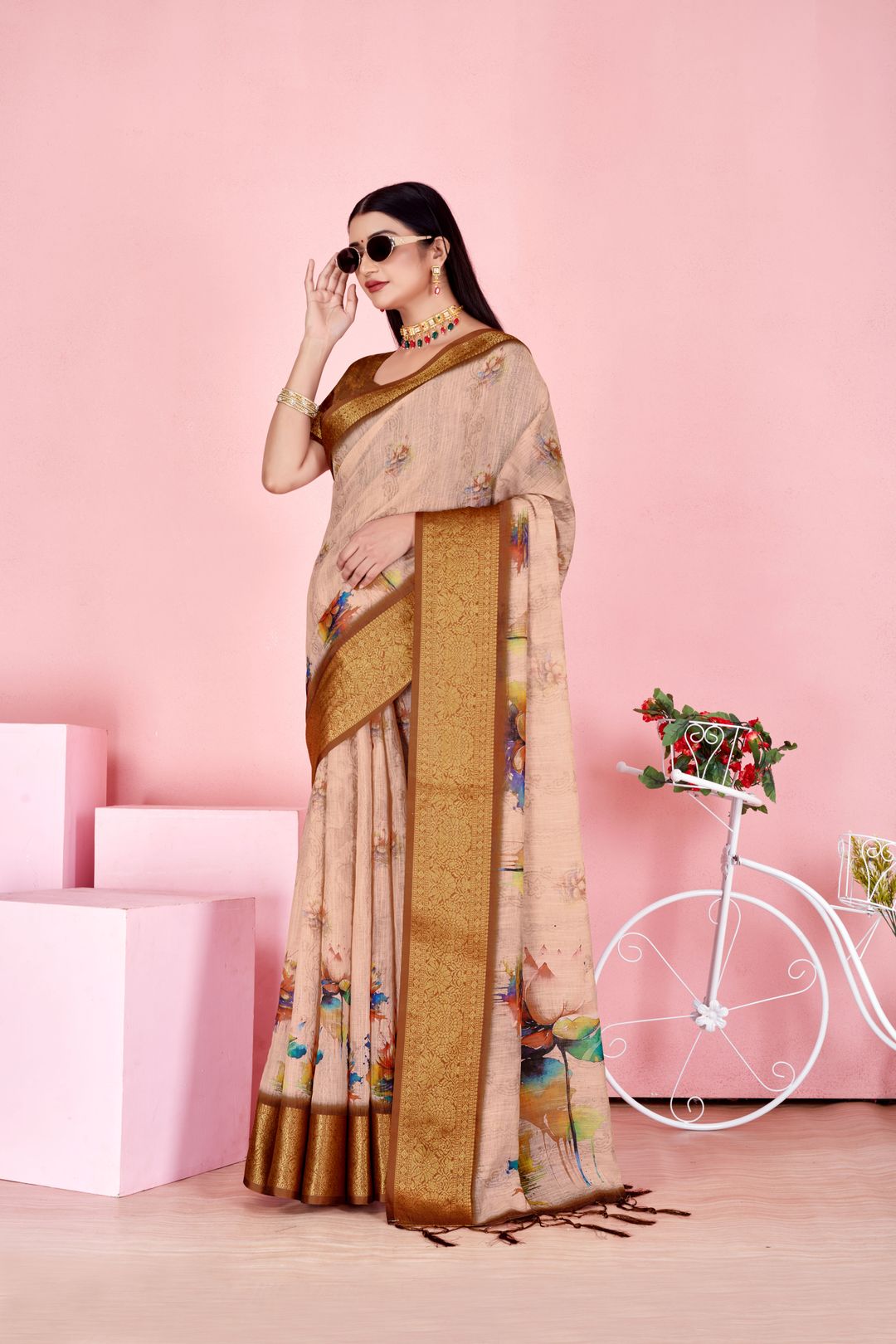 Sky Blue Floral Linen Cotton Saree with Navy Border Accents