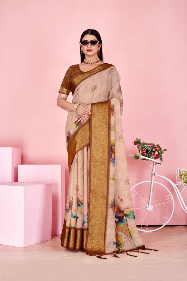 Sky Blue Floral Linen Cotton Saree with Navy Border Accents
