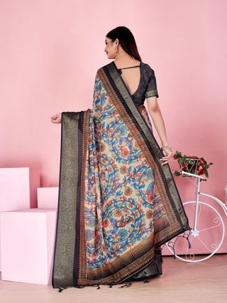 Elegant Beige Linen Cotton Floral Saree with Woven Jacquard