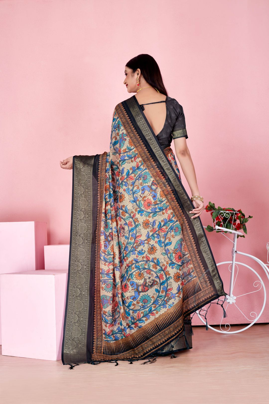 Elegant Beige Linen Cotton Floral Saree with Woven Jacquard