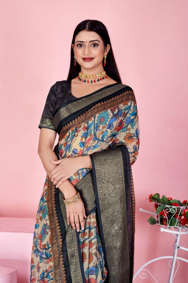 Elegant Beige Linen Cotton Floral Saree with Woven Jacquard